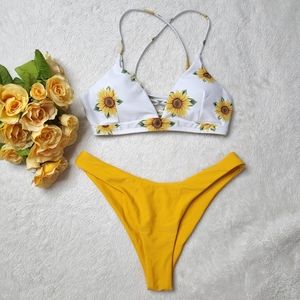 NWOT Shein White & Yellow Sunflower Lace Up Back Thong Bikini SMALL